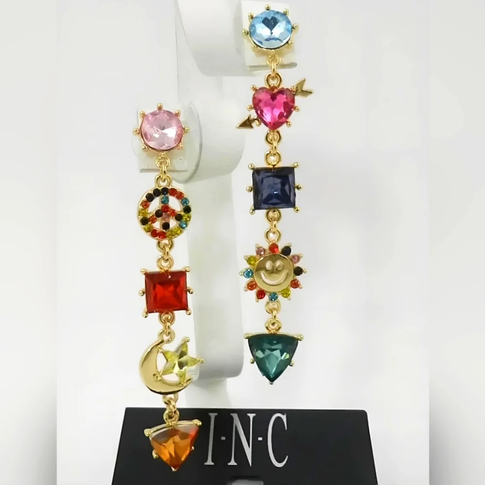 INC Multicolor Gold Tone Mixed Charm Mismatched Drop Earrings Post Back
